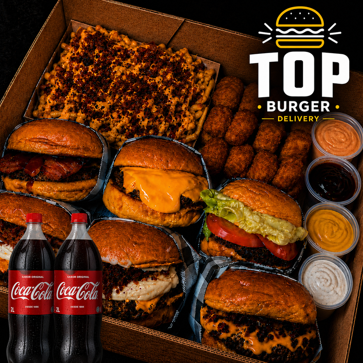 RODÍZIO EM CASA - 6x Hambúrgueres + 500g de Fritas + 500g Nuggets + 2X Coca-Cola 2L + 4 Molhos Especiais